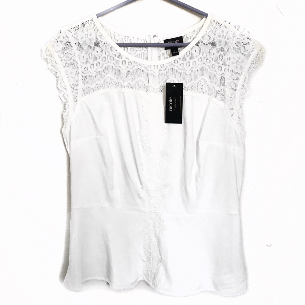 Nicole Miller White Lacey Peplum Top NWT Large